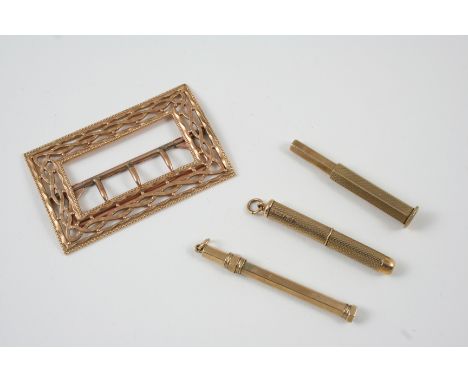 A 9CT. GOLD TOOTH PICK BY S. MORDAN & CO. together with two other 9ct. gold tooth picks, with engine turned decoration, and a