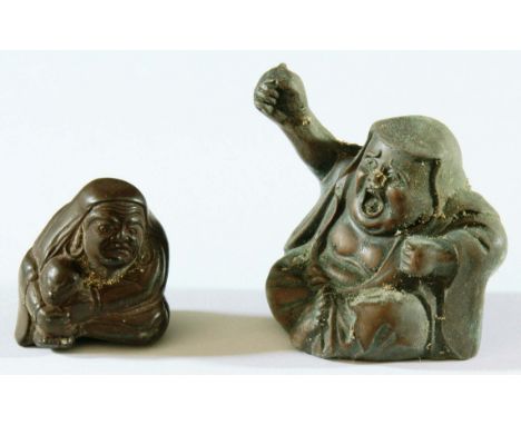 JAPANESE CARVED WOODEN NETSUKE, modelled as seated man, 3.5cm; together with a bronze buddha, seated with his right hand rais
