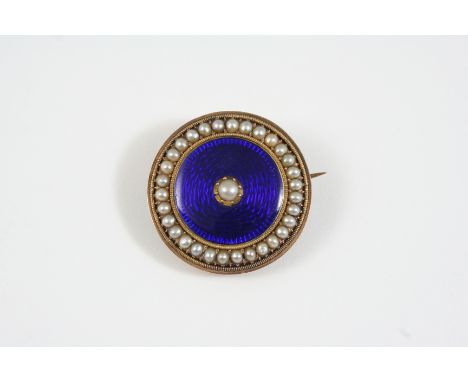 A VICTORIAN ENAMEL AND PEARL BROOCH the circular central section of blue guilloche enamel centred with a pearl and set within