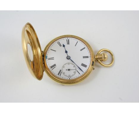 AN 18CT. GOLD HALF HUNTING CASED POCKET WATCH the white enamel dial with Roman numerals and subsidiary seconds dial, the thre