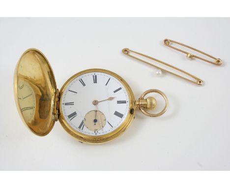 AN 18CT. GOLD FULL HUNTING CASED POCKET WATCH the white enamel dial with Roman numerals and subsidiary seconds dial, the thre
