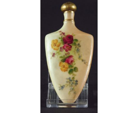 BLUSH IVORY SCENT BOTTLE AND STOPPER, probably Royal Worcester, of shield shape, painted with flowers, 10cm