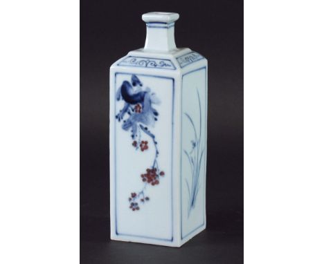 KOREAN PORCELAIN VASE, by Ahn Dong-Oh, of square section, each panel with floral or leaf decoration in underglaze blue and ma