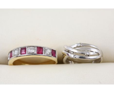 A RUBY AND DIAMOND HALF HOOP RING alternately set with circular-cut diamonds and square-shaped rubies, in 18ct. gold, size O,