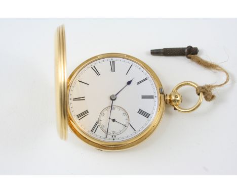 AN 18CT. GOLD FULL HUNTING CASED POCKET WATCH the white enamel dial with Roman numerals and subsidiary seconds dial, engraved
