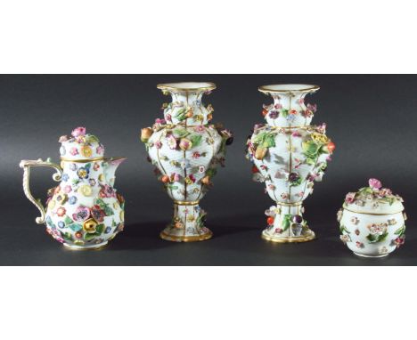 PAIR OF MEISSEN STYLE VASES, of baluster form, heavily encrusted with flowers, blue crossed swords marks, 19cm; together with