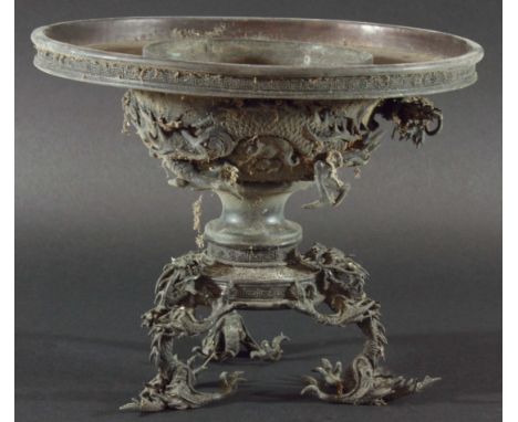 CHINESE BRONZE STAND, cast as  shallow bowl decorated with dragons in relief, on a tripod base with scrolling dragon feet, im