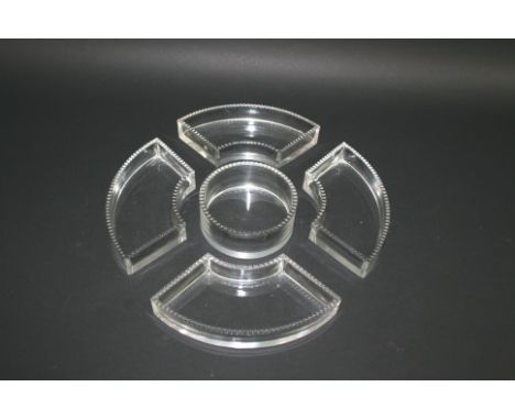 LALIQUE CONDIMENT SET - NIPPON a 5 piece condiment set including a circular dish and 4 shaped dishes, in the Nippon design. E