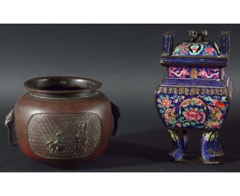 CHINESE BRONZE CENSER, of ovoid form with two figural panels, 13cm diameter; together with an enemalled koro and cover, with 
