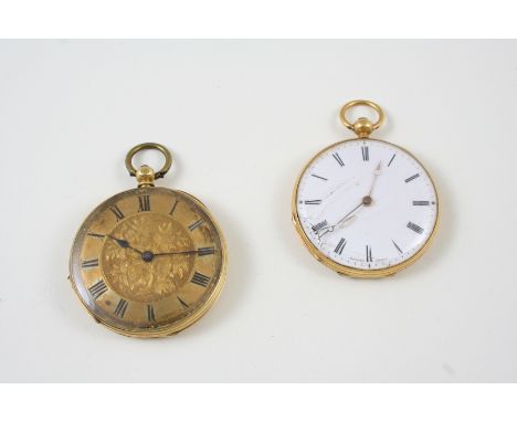 AN 18CT. GOLD OPEN FACED POCKET WATCH the white enamel dial with Roman numerals, with foliate engraved decoration to the back