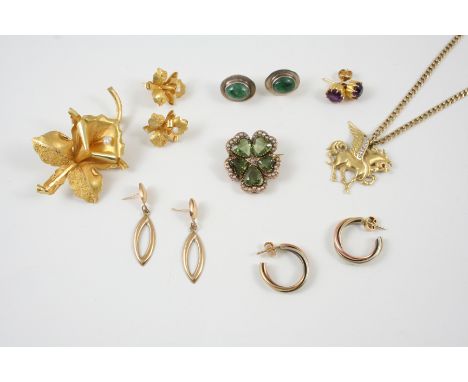 A QUANTITY OF JEWELLERY an 18ct. gold orchid brooch, and similar earrings, a gold winged horse set with diamonds and with rub