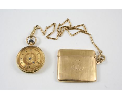 AN 18CT. GOLD OPEN FACED POCKET WATCH the gold foliate dial with Roman numerals, with engraved floral decoration to the back 