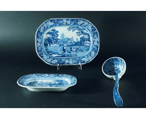 3 x Minton Benevolent Cottagers Blue & White: platter, tureen stand & ladle (3)