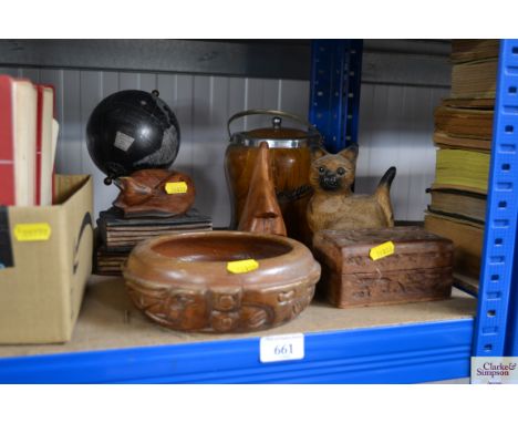 A quantity of wooden items to include carved bowl, trinket box, cat ornaments, biscuit barrel together with a globe