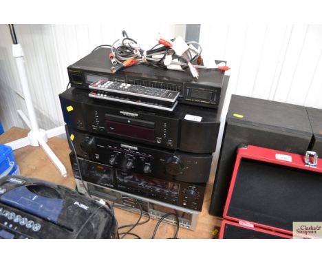 A stack comprising of a Technics stereo cassette deck, Denon stereo cassette deck, Marantz integrated amplifier, a Marantz CD
