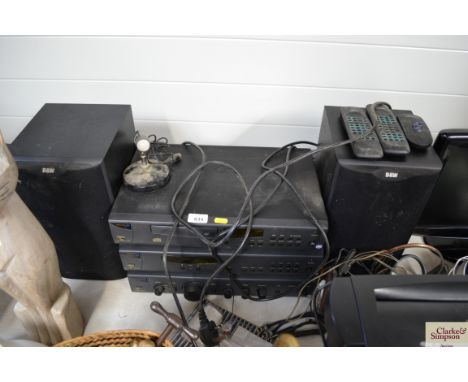 An Arcam stack comprising of CD player, AM/FM Tuner and amplifier, with a pair of B&amp;W speakers, 3 remote controls and a m