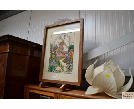 An oak framed fire screen with needlework embroidery 