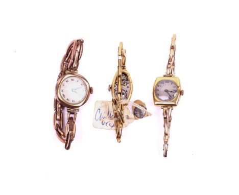 Three vintage ladies gold and yellow metal watches. Comprising one having a silvered dial with Arabic numerals, in a 9ct gold