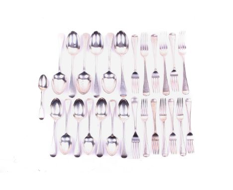 A collection of silver flatware. Comprising six large forks, six dessert forks, six serving spoons, six dessert spoons, all h