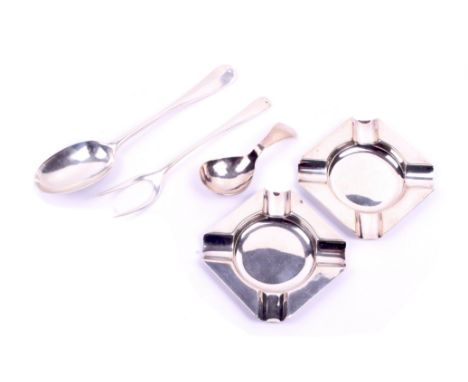 Two silver Mappin & Webb ashtrays, a silver dessert spoon, feeding spoon and a meat fork. The ashtrays hallmarked Sheffield 1