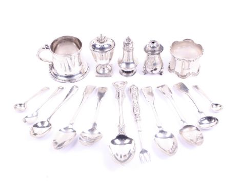 A small collection of hallmarked silver including three George III teaspoons. Including cruet pieces, spoons, one unmarked pi