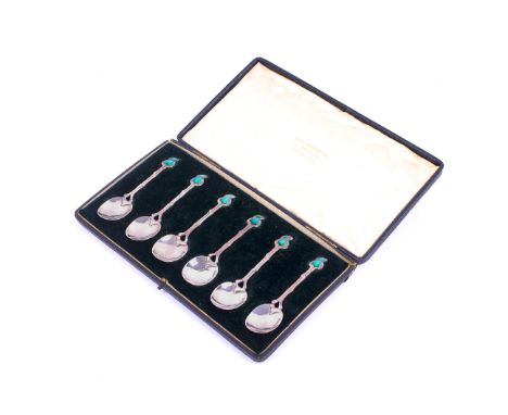 A set of six Art Nouveau enamelled silver coffee spoons. With organic twisted effect to finial and handle, the finial inlaid 