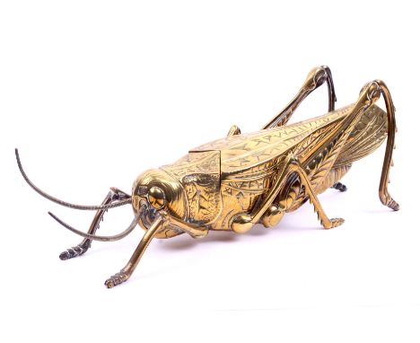 A William Tonks & Sons 19th century novelty brass grasshopper inkwell. Of natural form with reticulated limbs, the back openi