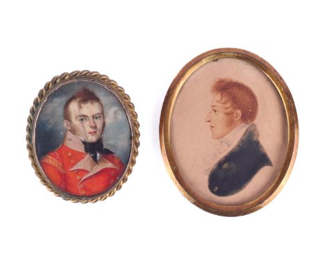 Two 19th century miniature paintings. The first on ivory of a military gentleman in a red tunic, 5.5cm x 4.5cm, the second on