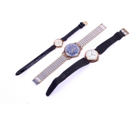 Three 9ct gold and yellow metal wrist watches. Comprising a Walthams watch with a white enamel dial Arabic numerals and a sub