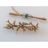 An Edwardian gold and seed pearl bar brooch, stamped 15ct, 50mm, 5g