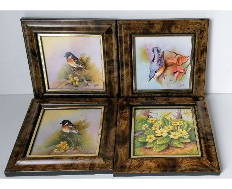 Four porcelain square ornithological plaques, Nuthatch, Stonechat x 2 and flowers, painted by Nigel Creed, the Royal Worceste