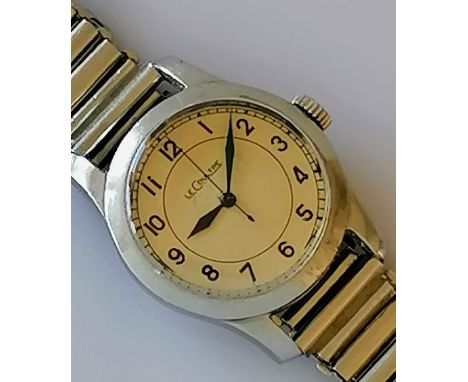 A 1940s Jaeger LeCoultre Royal Air Force pilot steel-cased manual watch with Arabic numerals, steel blue hands, sweep seconds