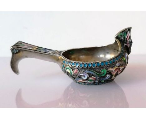 An early 20th century Russian .875 (84 Zolotniki) silver, enamel cloisonné kovsh, Moscow mark, maker M3, initialled, dated un