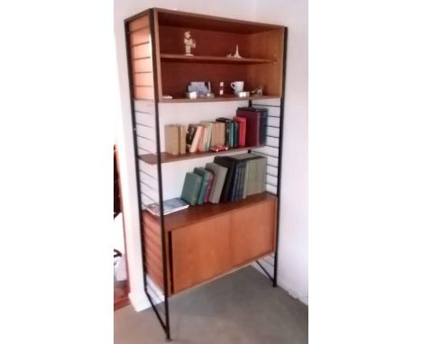 A mid 20th century Ladderax teak modular shelving unit with open shelving to top, central shelf and cupboard under with slidi