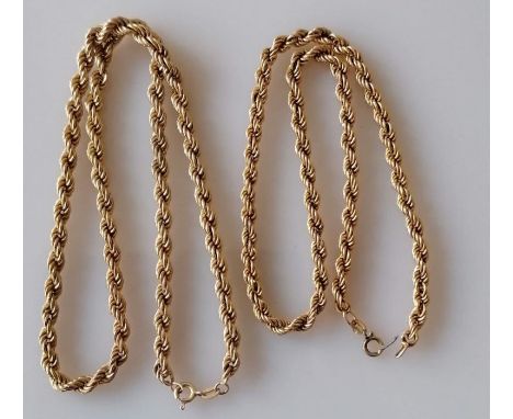 A gold rope twist chain, 42 cm and another, 36 cm, the latter with a damaged clasp, both 9ct with import hallmarks, 19g (2)
