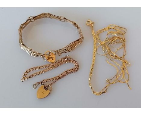 An Art Deco-style gold gate-link lock bracelet, 16 cm; a rose gold bracelet chain with lock and a damaged gold necklace, all 