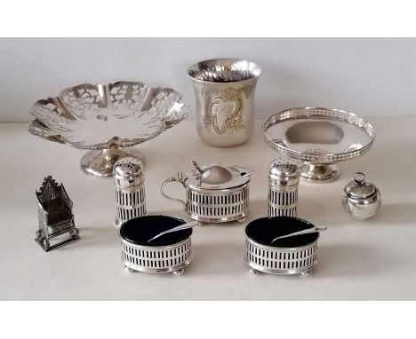 An Edwardian silver miniature throne by Adie &amp; Lovekin Ltd, 1910, 5.5 cm H; a George V five-piece matching silver cruet s
