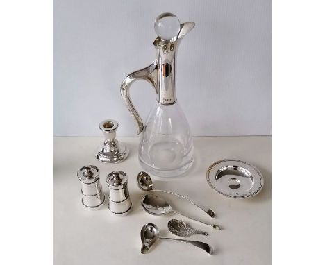 A contemporary silver-handled glass decanter by Francis Howard, London, 2007, 32 cm H; a silver pair of lighthouse-shape salt