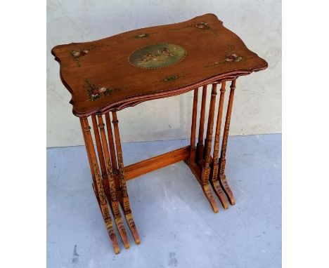 An Edwardian satinwood nest of three tables with painted decoration to tops and legs, 68 h x 56 w x 35 cm d, light wear from 