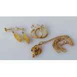 A 15ct gold floral brooch, stamped, 1.5g, on a 9ct gold chain, hallmarked and two pairs of 9ct gold