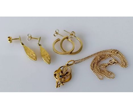 A 15ct gold floral brooch, stamped, 1.5g, on a 9ct gold chain, hallmarked and two pairs of 9ct gold earrings, hallmarked, 8g 