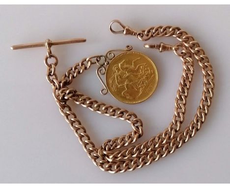 A Victorian Jubilee gold double sovereign, 1887, on a gold mount, unmarked and a 9ct rose gold curb-link Albert chain, hallma
