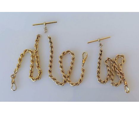 A rope twist gold double Albert chain, 46 cm and another single chain, 16.5 cm, T-bars and clasps with import hallmarks, both