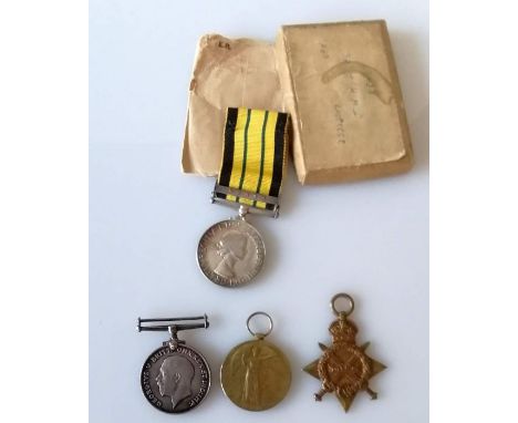 A British Army WW1 medal trio comprising 1914/1915 Star named to 9938 PTE. W. J. HAWKINS. WILTS R., without ribbons and an Af