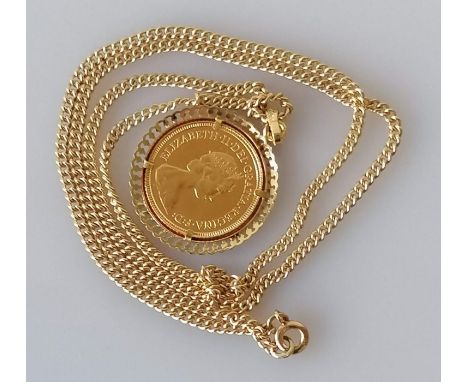 A QEII gold half sovereign, 1983, on a 9ct gold mount and chain, both hallmarked, 11.6g