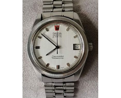 A 1970s Omega Seamaster Chronometer Electronic F300Hz watch, signed white dial, date aperture, stainless steel case 36mm, int