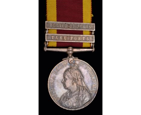 *China, 1900, 2 clasps, Taku Forts, Relief of Pekin (Lieut. A. R. Hulbert, R.N., H.M.S. Endymion), suspension pin a touch ben
