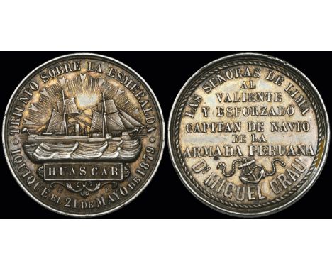 *Peru, Battle of Iquique, May 21 1879, presentation silver medal by R. Britten for the ladies of Lima in honour of Captain Mi