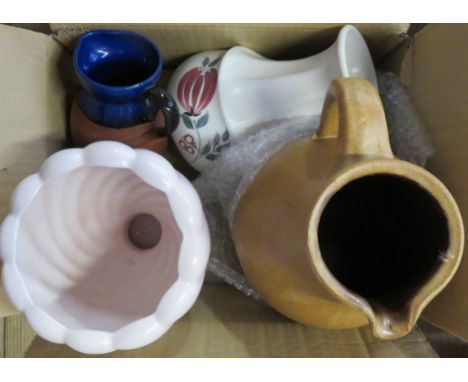 A box containing a Radford hand painted vase, a Beswick vase, a Watcombe blue part glazed jug, and another