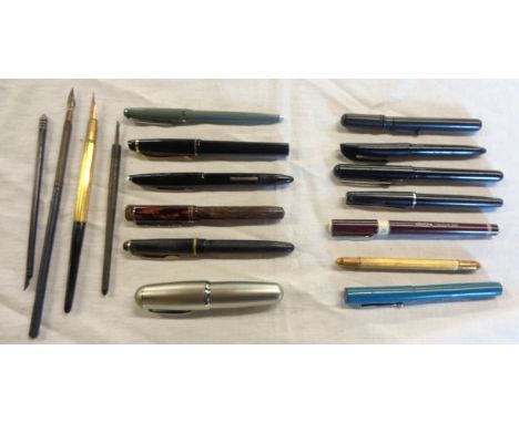 A bag containing a quantity of vintage fountain and dip pens, and a doctor's thermometer
